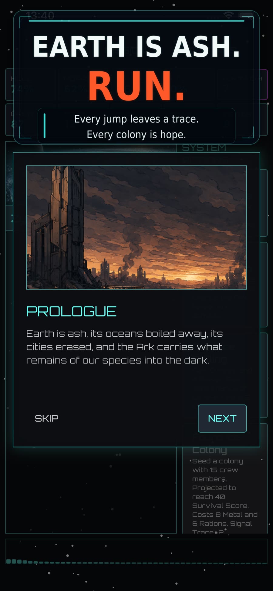 Last Seedship prologue screen over a ruined Earth